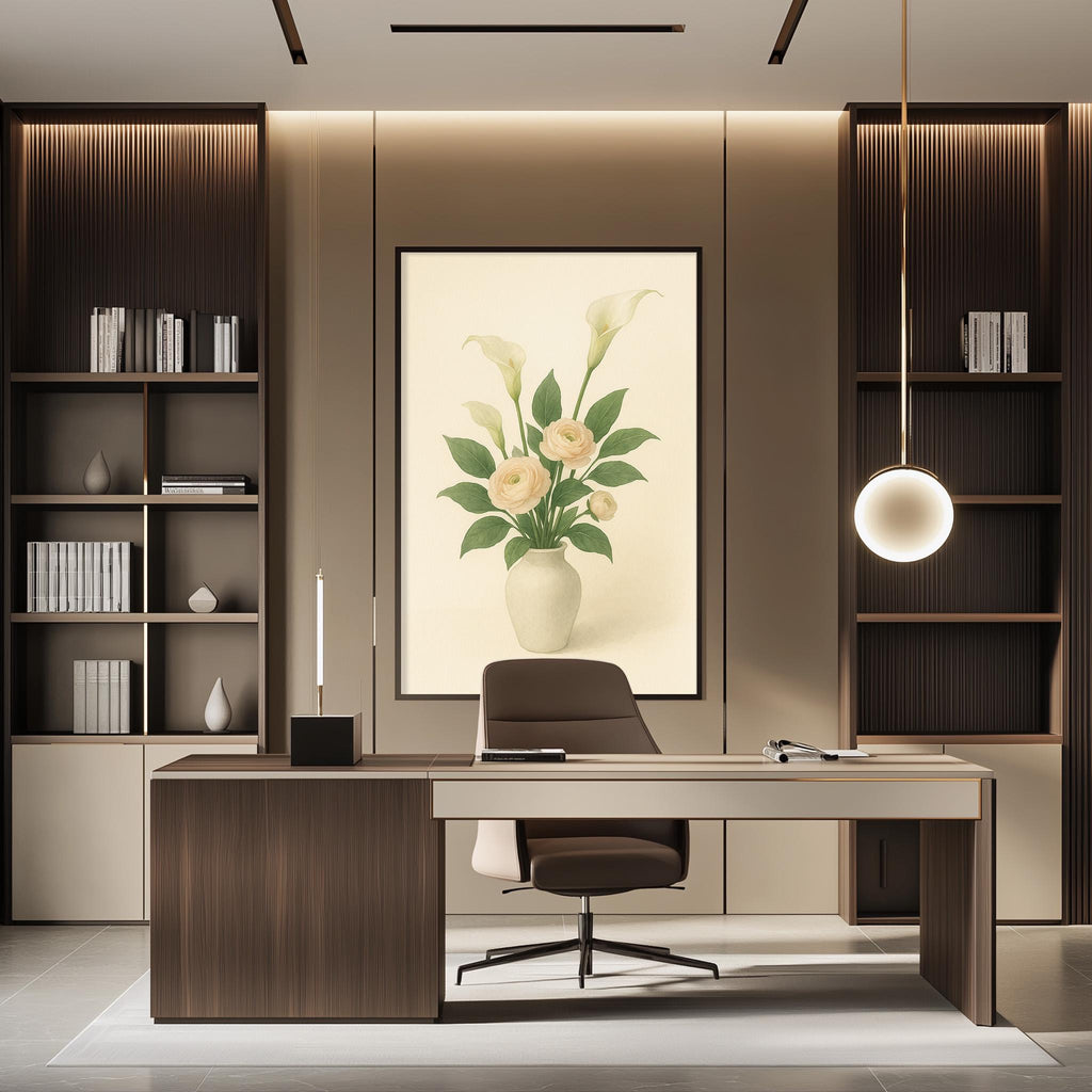 a modern and well-designed office space with a large framed artwork of flowers on the wall, a wooden desk with a chair, and built-in bookshelves.
