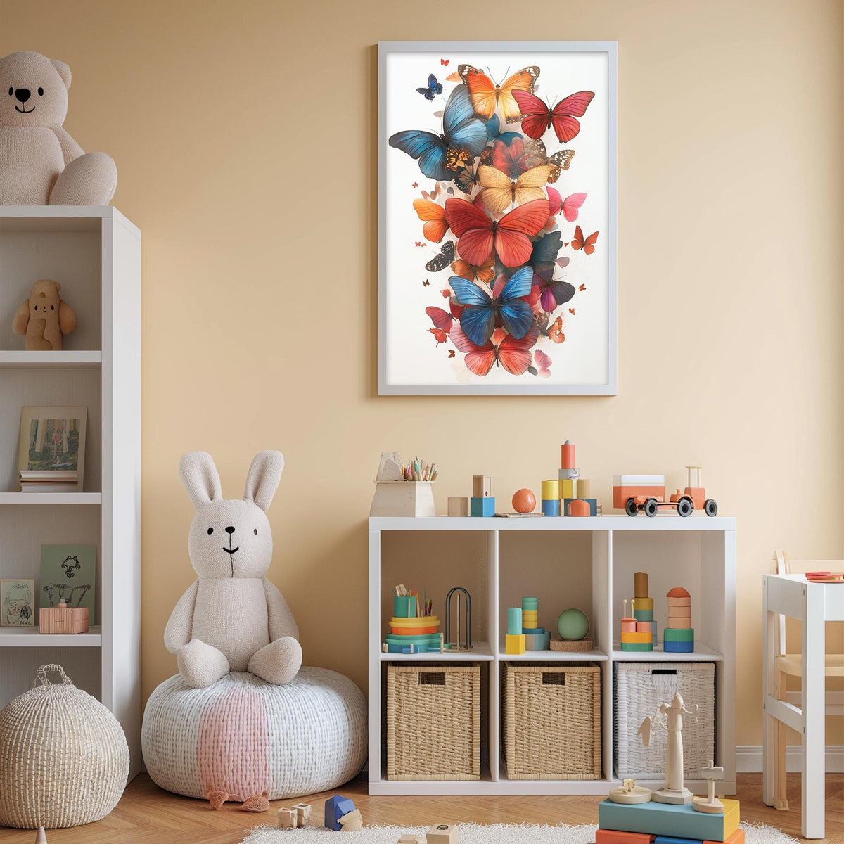A child's bedroom with a white bookshelf, a stuffed rabbit, and a colorful butterfly artwork on the wall.