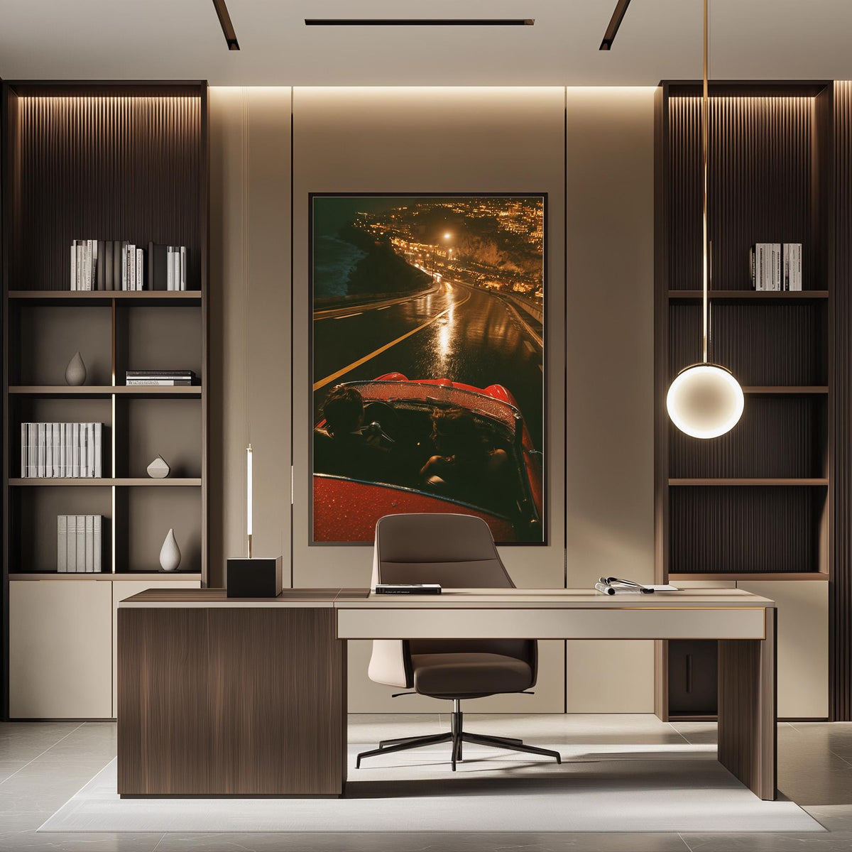 a modern office space with a large framed photograph of a red sports car on the wall, creating a striking focal point in the room. The office has a sleek, minimalist design with a wooden desk, a comfortable-looking chair, and a pendant light hanging above the desk. The room also includes built-in bookshelves and a large window, providing ample natural light and a view of the city.