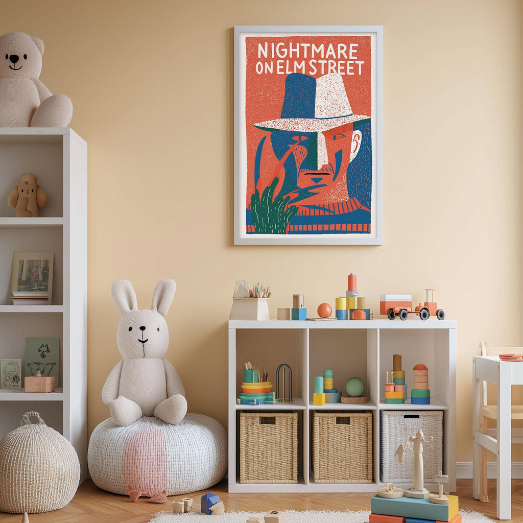 The image is a child's bedroom with a large poster of a character from the movie " Nightmare on Elm Street" hanging on the wall. The room is filled with various toys, including a teddy bear, a rabbit, and a toy train. The overall color scheme of the room is predominantly white and beige, creating a cozy and inviting atmosphere.
