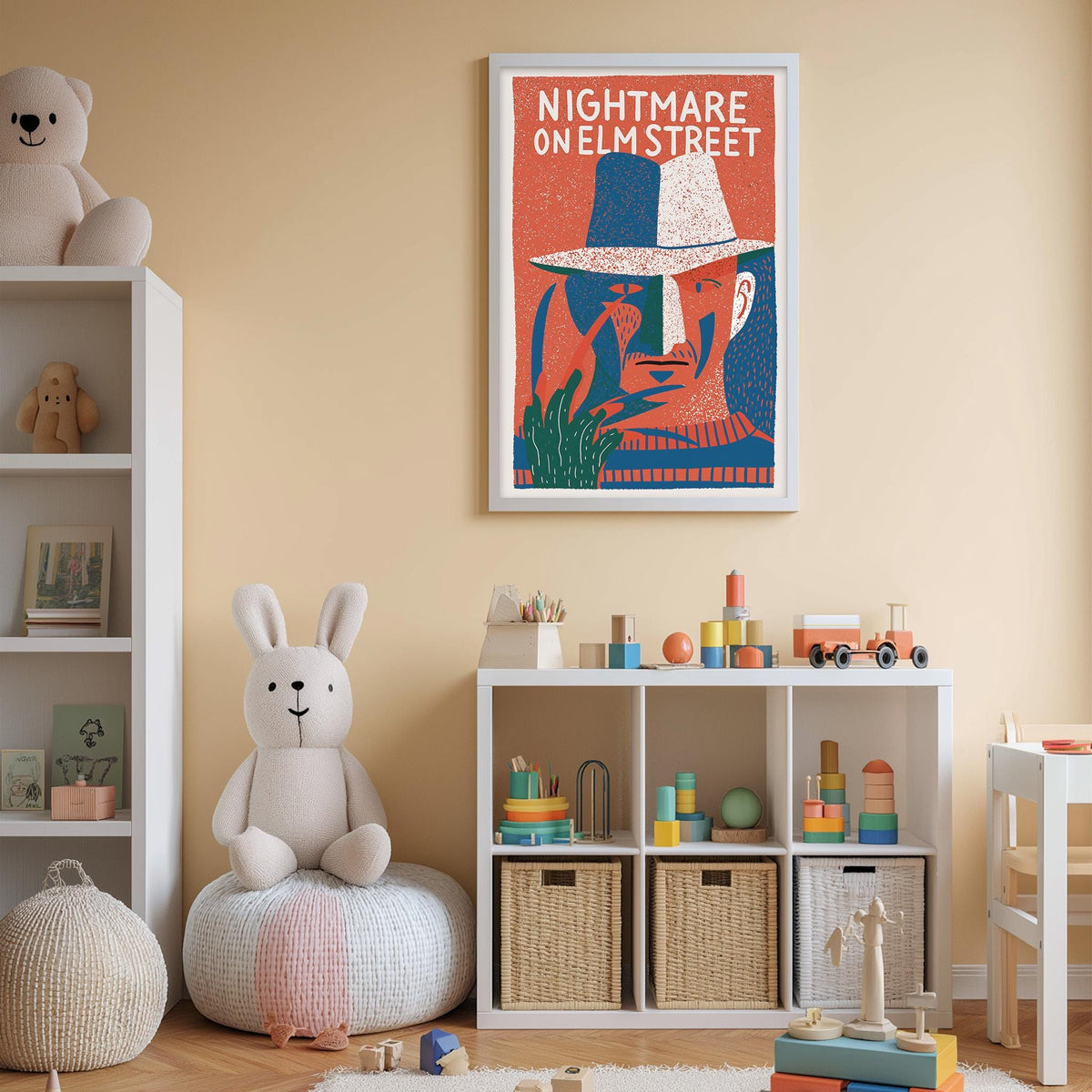 The image is a child's bedroom with a large poster of a character from the movie " Nightmare on Elm Street" hanging on the wall. The room is filled with various toys, including a teddy bear, a rabbit, and a toy train. The overall color scheme of the room is predominantly white and beige, creating a cozy and inviting atmosphere.