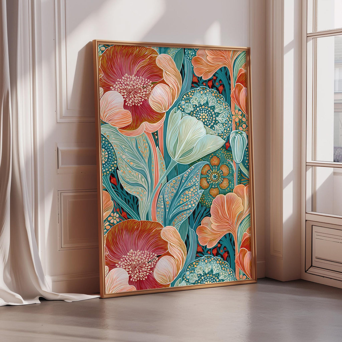 a large, colorful painting of flowers and plants displayed on a wall in a room with a window.