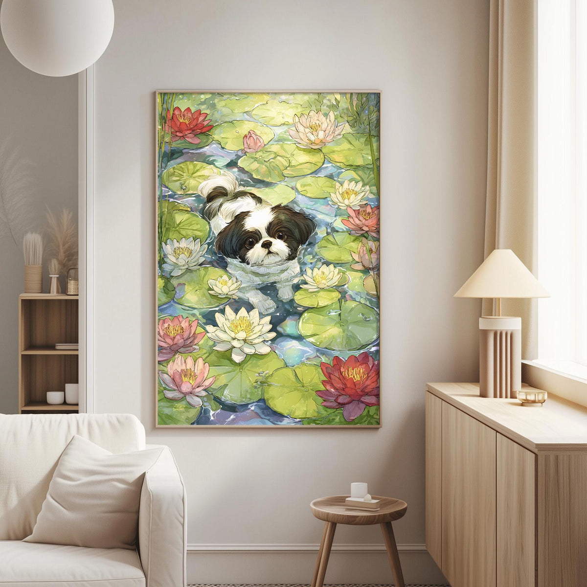 a living room with a large painting of a dog swimming in a pond filled with lily pads and water lilies. The painting is hanging on the wall above a white couch.