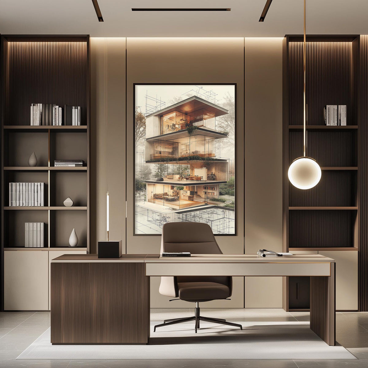 a modern and well-designed office space with a large window, wooden furniture, and a large painting of a building on the wall.