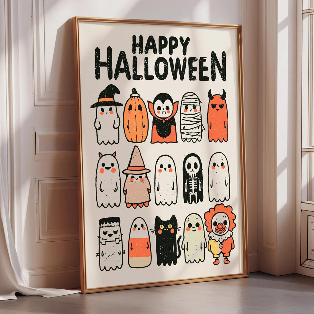 A framed poster with a Halloween theme, featuring various spooky and cute ghost characters.