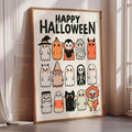 A framed poster with a Halloween theme, featuring various spooky and cute ghost characters.