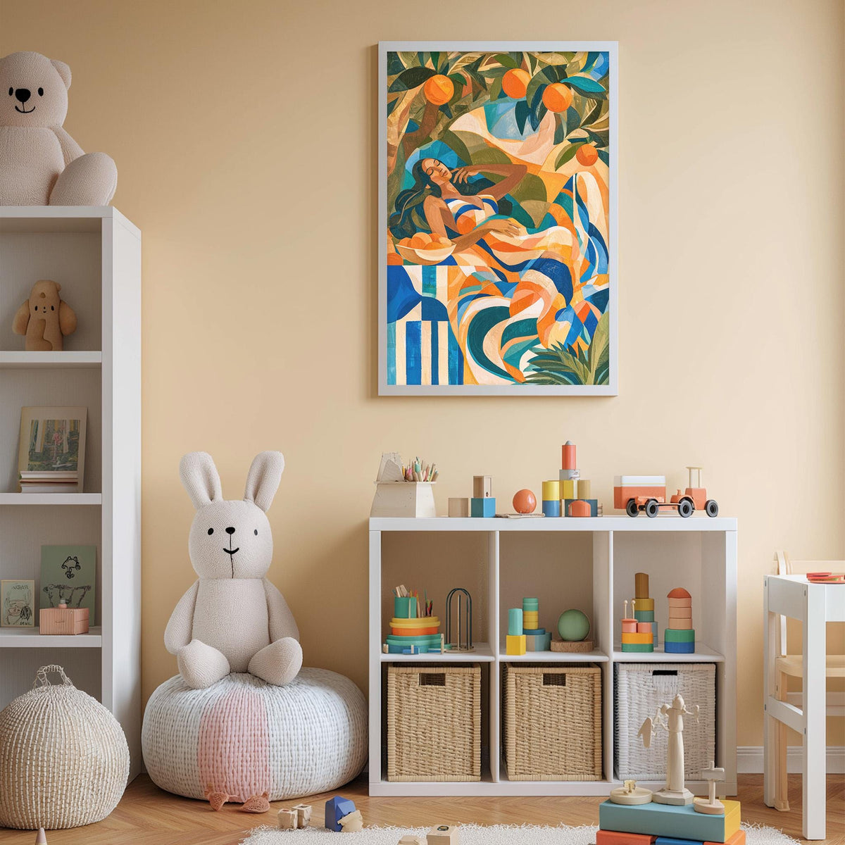 A child's bedroom with a large abstract painting on the wall, a white bookshelf filled with toys, and a white bean bag chair.