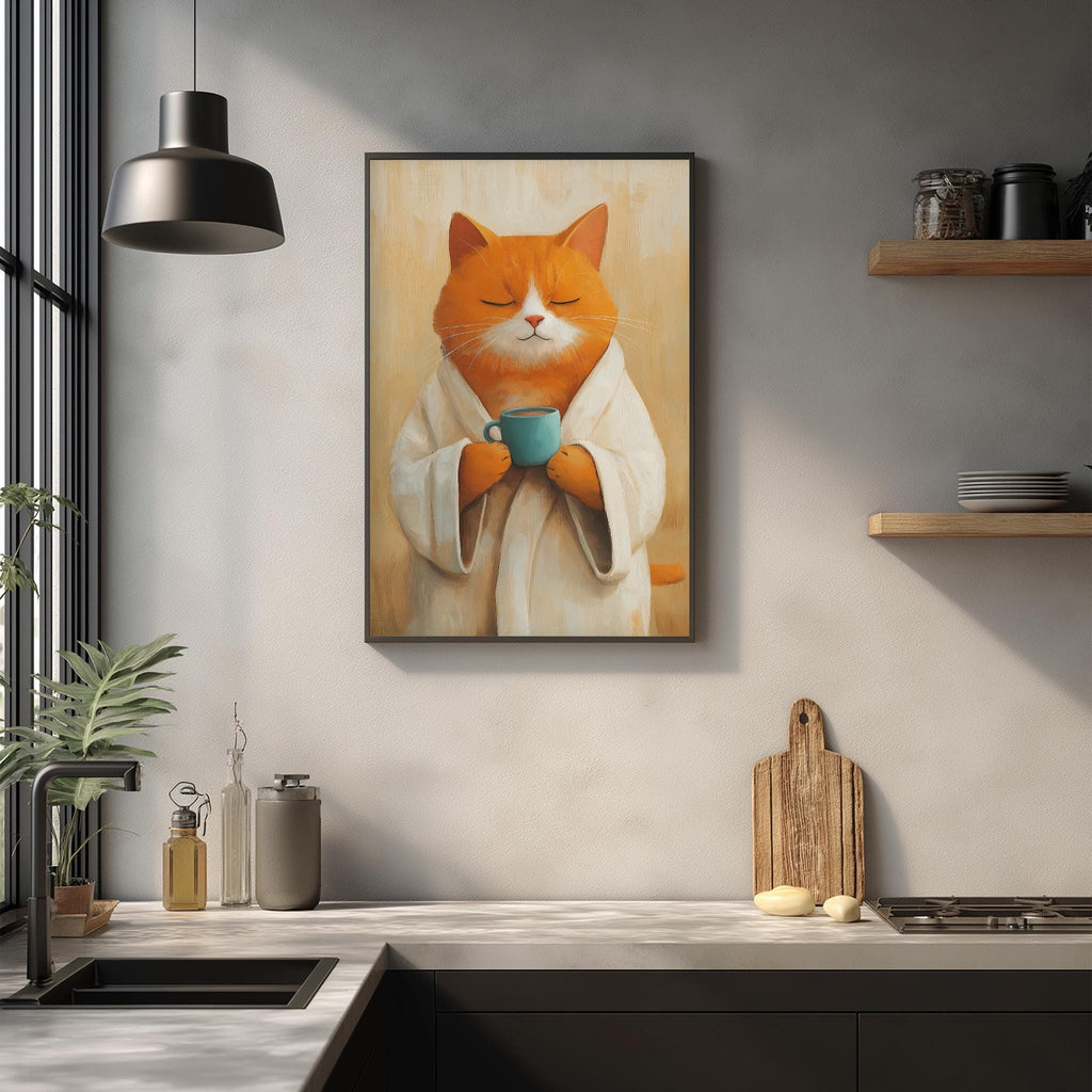 a kitchen scene with a framed painting of an orange cat wearing a white robe and holding a blue mug, hanging on the wall above a countertop with various kitchen items such as a cutting board, a bottle, and a plant.