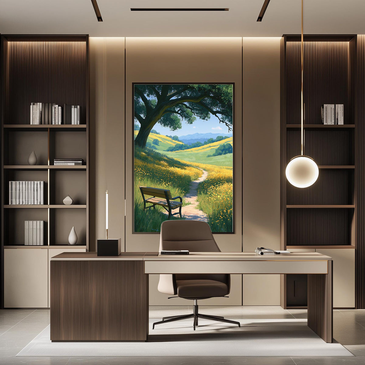 a modern office space with a large painting of a scenic countryside landscape hanging on the wall. The painting features a winding path leading through a field of flowers, surrounded by rolling hills and a clear blue sky. The office has a wooden desk and chair, and a bookshelf filled with books and decorative items. The overall design and decor create a serene and inviting atmosphere.