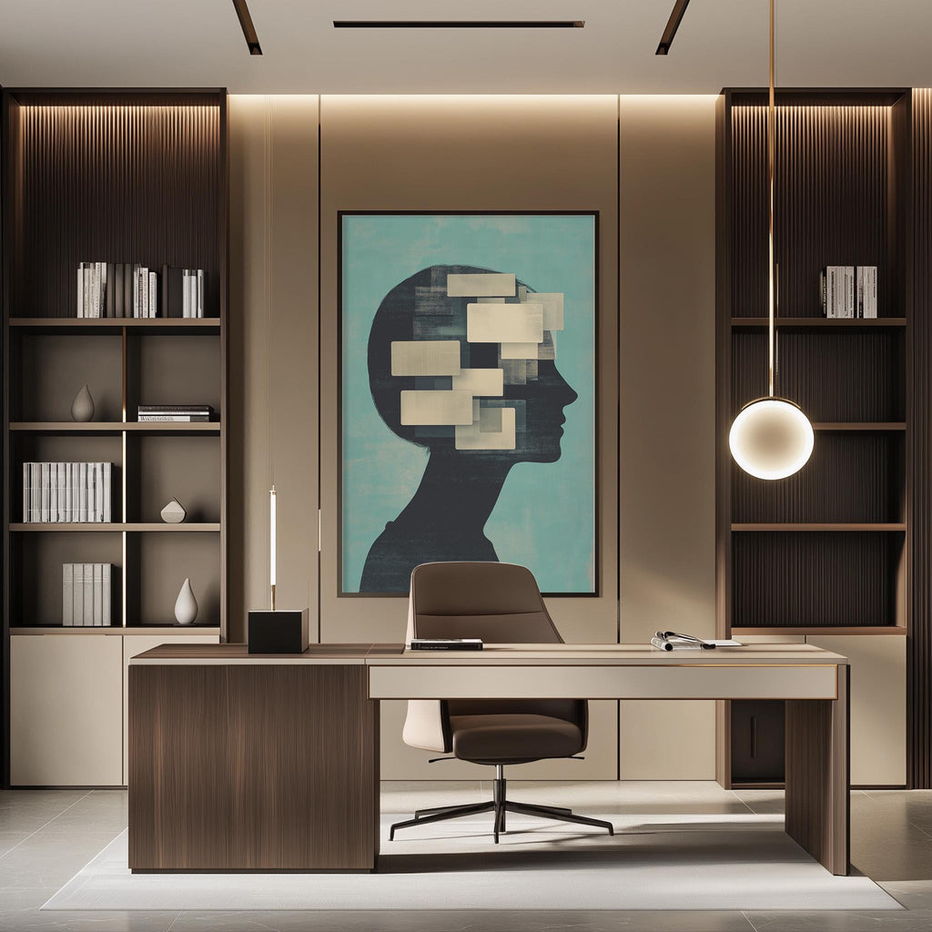 a modern and minimalist office space with a large abstract painting of a head on the wall, a wooden desk with a chair, and built-in bookshelves.
