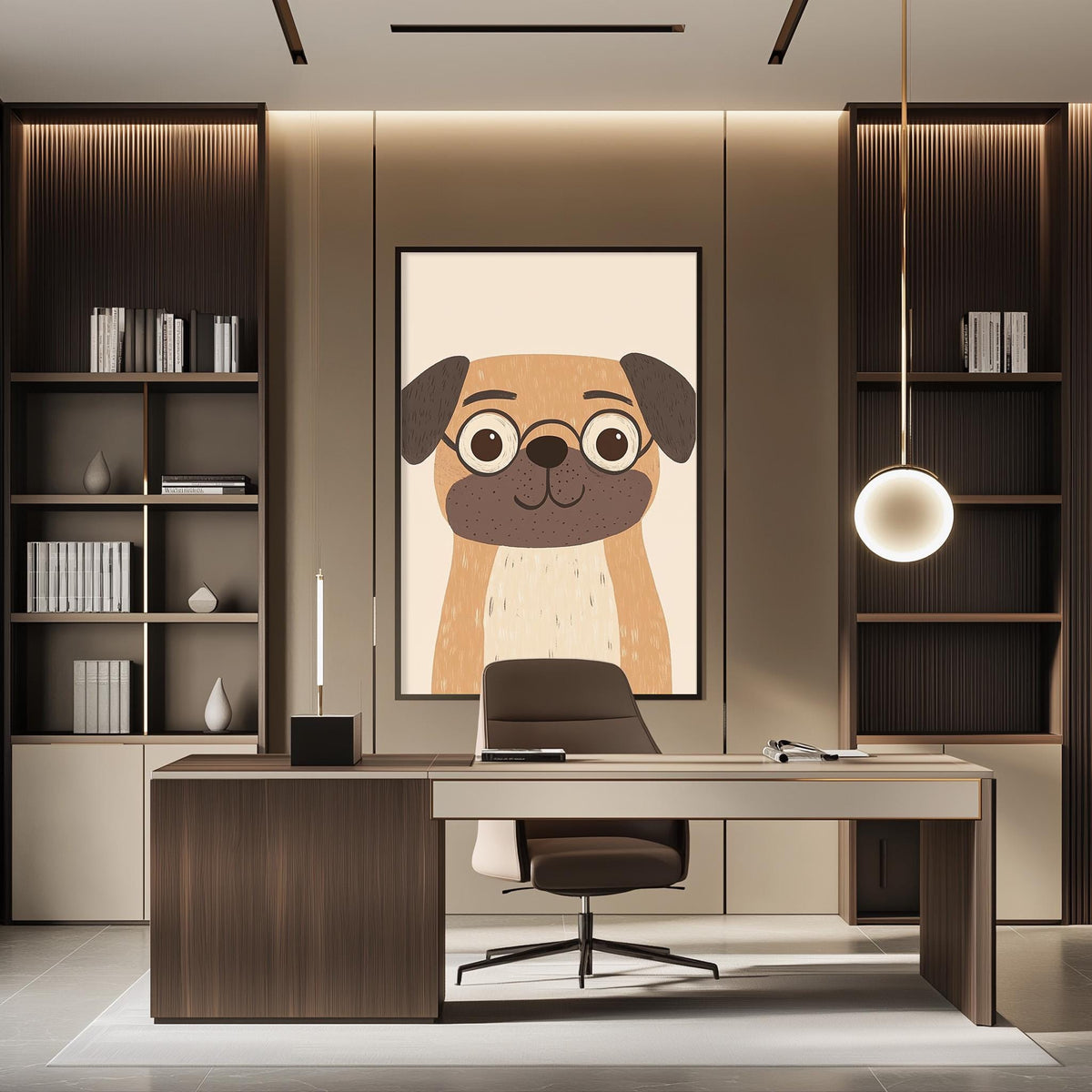 a modern and stylish office space with a large dog-themed poster on the wall, a wooden desk with a chair, and built-in bookshelves.