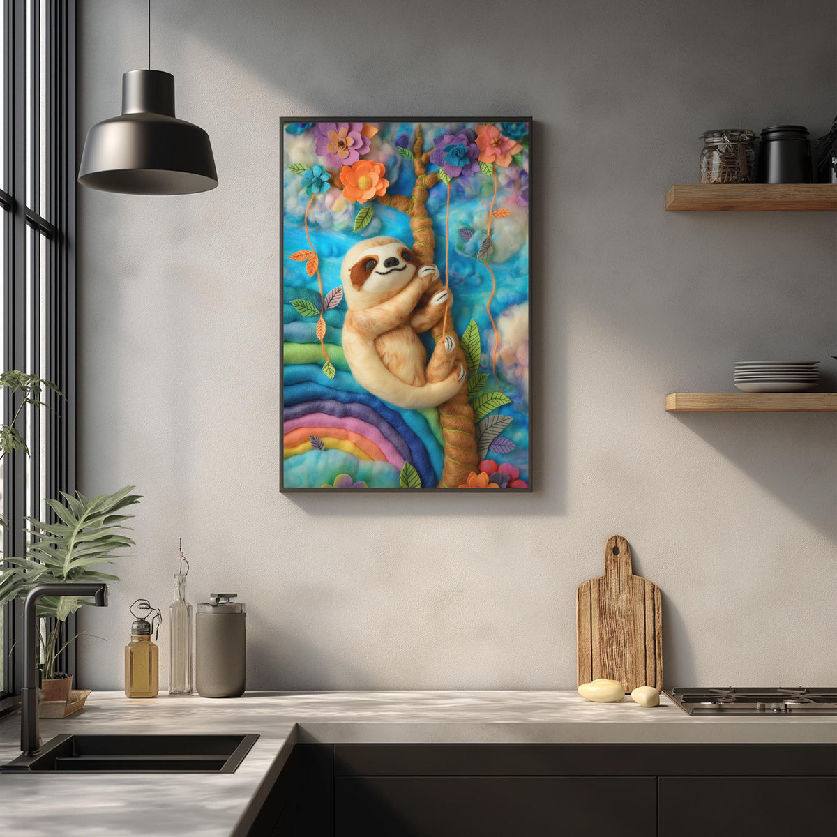 a vibrant painting of a sloth hanging from a tree, surrounded by colorful flowers and lush foliage. The painting is displayed on a wall above a kitchen counter, which has various kitchen items such as a cutting board, a soap dispenser, and a bottle.