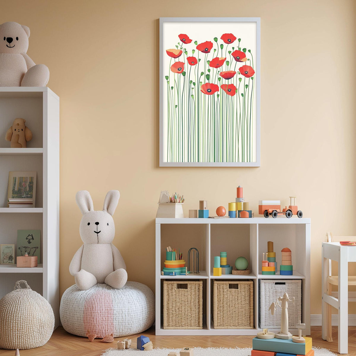 A cozy and colorful children's bedroom with a white bookshelf, a plush bunny, and a toy train set. The walls are painted a light peach color, and a framed print of red flowers hangs above the bookshelf.