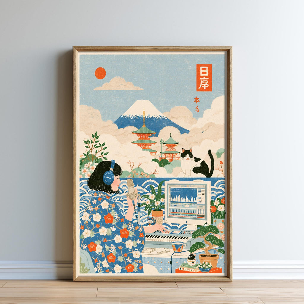 The image is a framed illustration depicting a woman in traditional Japanese attire, surrounded by various elements such as a cat, a computer, and a mountain.