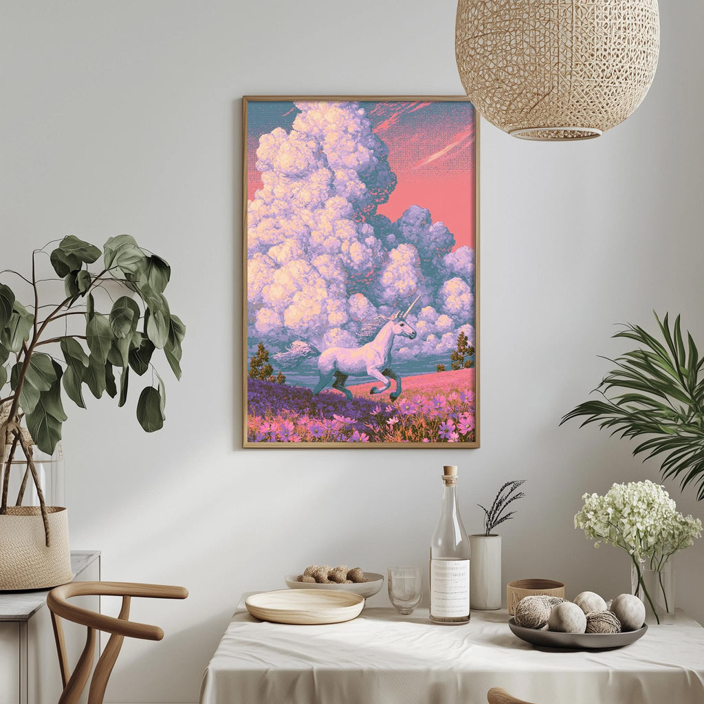 a framed painting of a unicorn in a field with a pink and blue sky in the background.