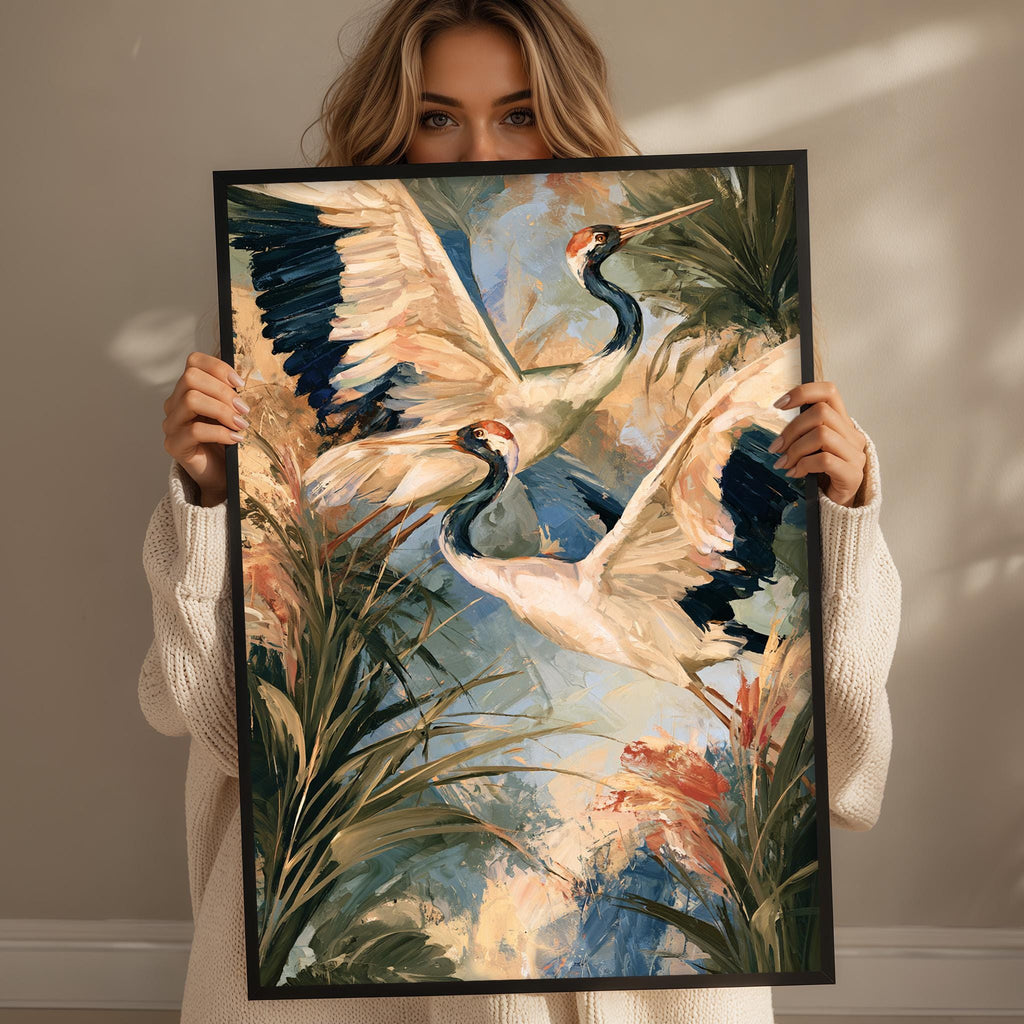 A woman holds up a framed painting of two large, colorful birds with long necks and blue and orange feathers, surrounded by lush foliage.