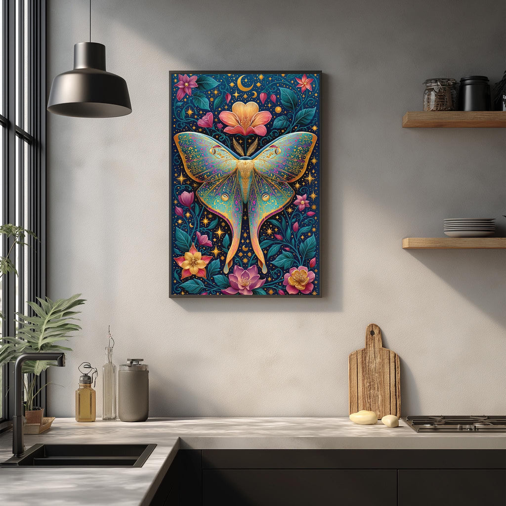 a vibrant and colorful painting of a butterfly, surrounded by a variety of flowers and plants, hanging on a wall above a kitchen counter.