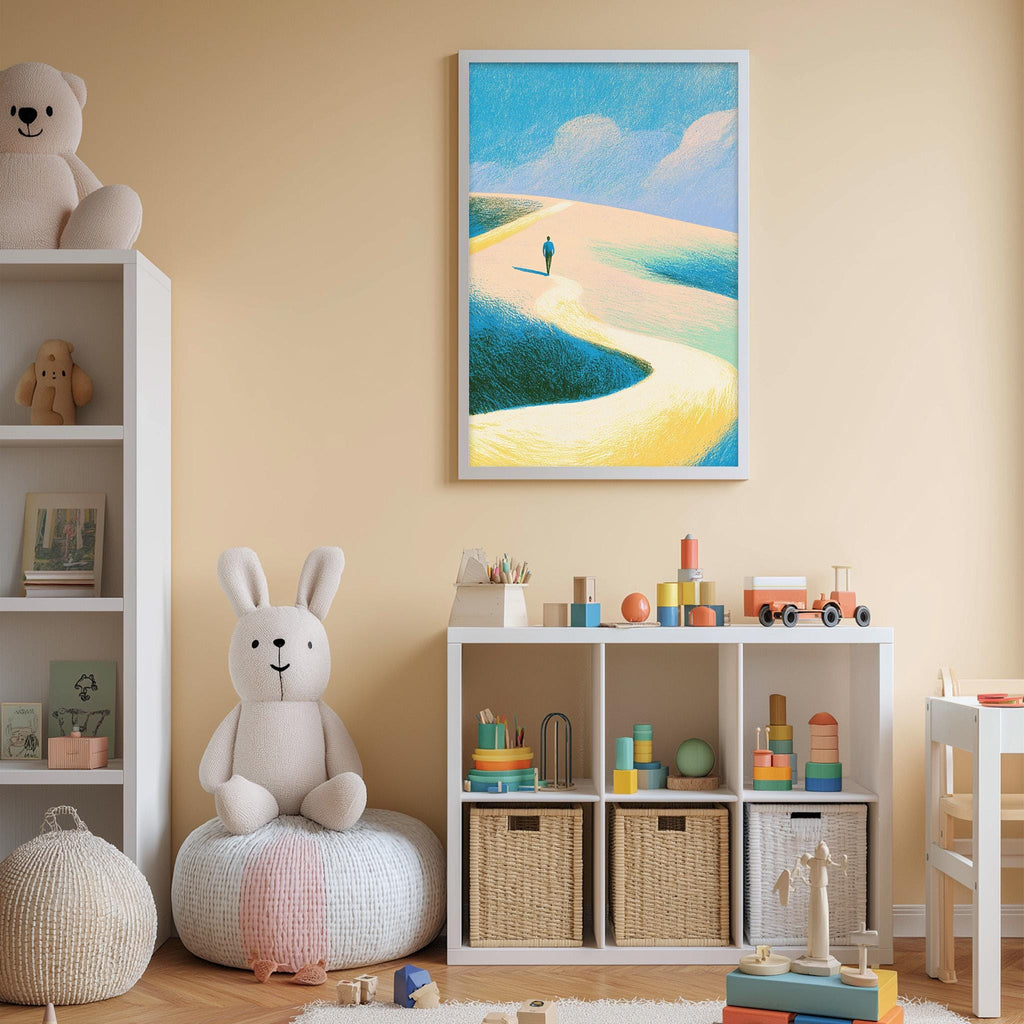 A cozy children's room with a large stuffed bunny, a bookshelf, and a colorful toy box filled with various toys. A framed painting of a beach scene hangs on the wall above the toy box.