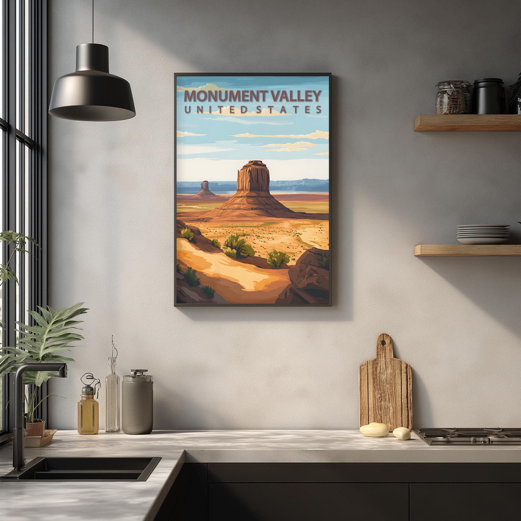 a framed poster of Monument Valley, a famous landmark in the United States, hanging on a wall in a kitchen.