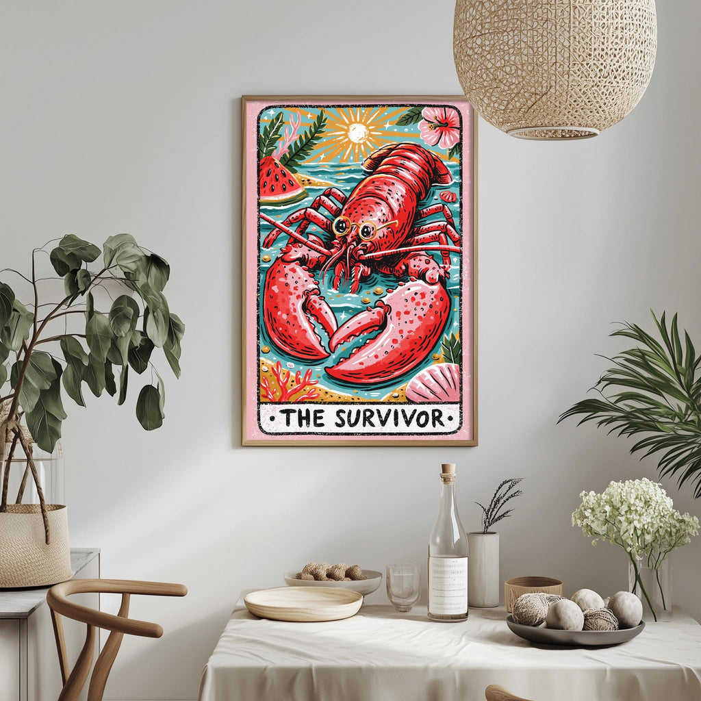 a framed illustration of a red lobster, with the text "THE SURVIVOR" below it, hanging on a wall above a dining table with various decorative items and plants.