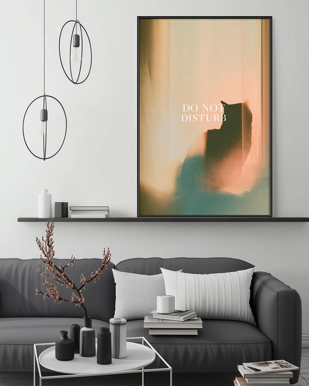 a modern living room with a gray sofa, a coffee table, and a large abstract painting hanging on the wall above the sofa.