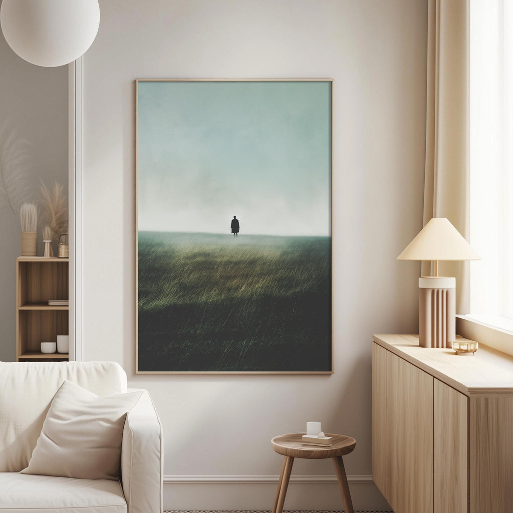 a serene living room with a large framed picture of a person standing in a field, surrounded by a minimalist and modern decor.