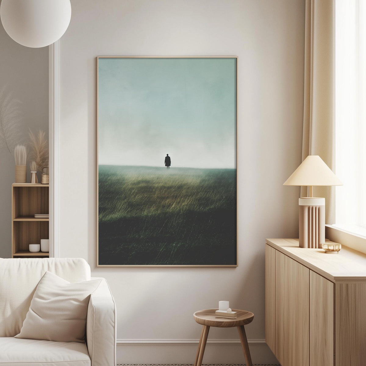 a serene living room with a large framed picture of a person standing in a field, surrounded by a minimalist and modern decor.
