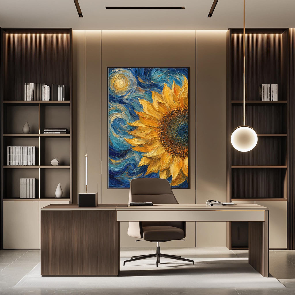 a modern office space with a large, vibrant sunflower painting on the wall, a wooden desk with a chair, and built-in bookshelves.