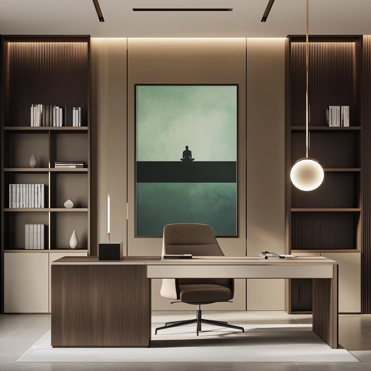 a modern and minimalist office space with a large wooden desk, a comfortable-looking chair, and a large abstract painting on the wall.