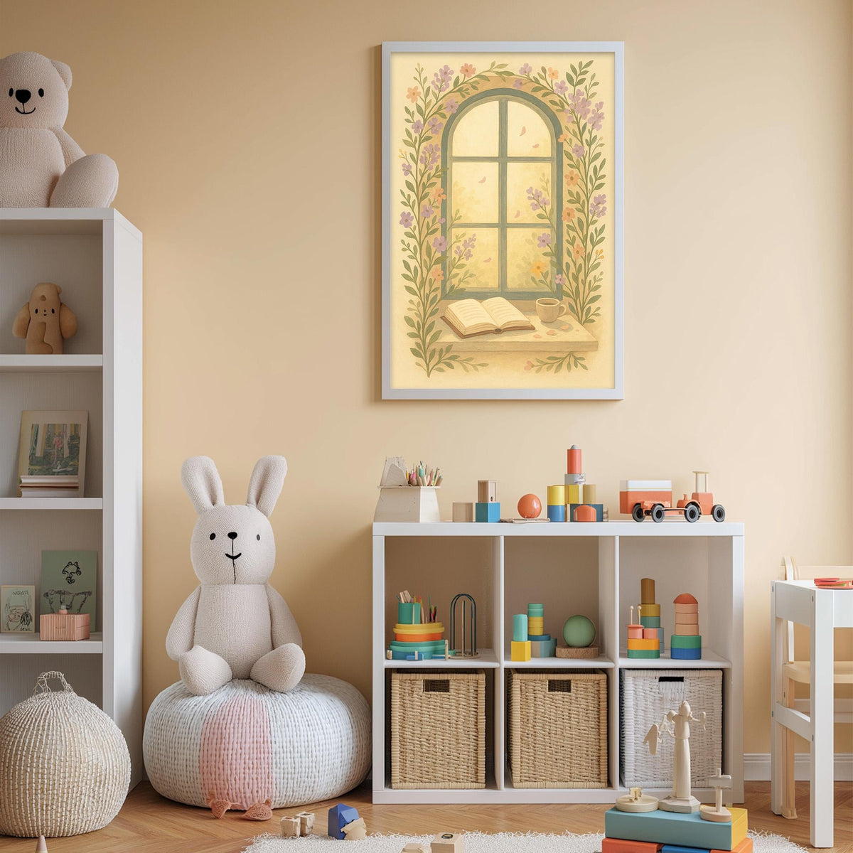 A cozy and colorful children's bedroom with a large window, a bookshelf, and various toys and storage bins.