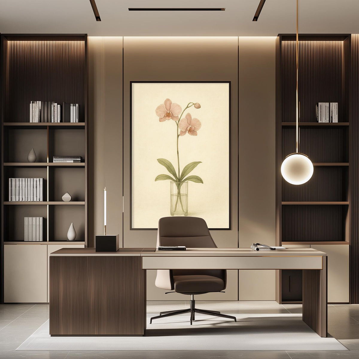 a modern and well-designed office space with a large wooden desk, a comfortable chair, and a framed artwork featuring a pink orchid on the wall.