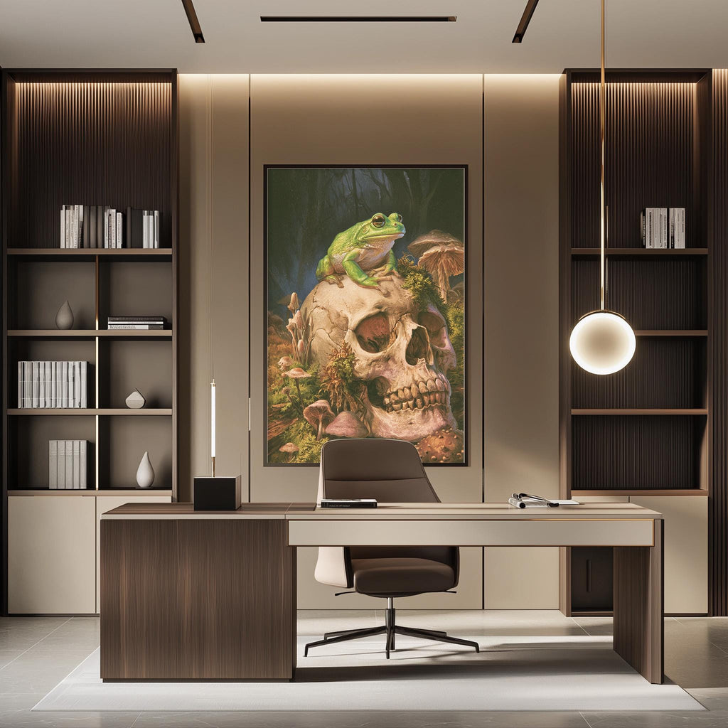 a modern office space with a large framed artwork of a frog perched on a skull, surrounded by mushrooms, on the wall above a desk with a chair.
