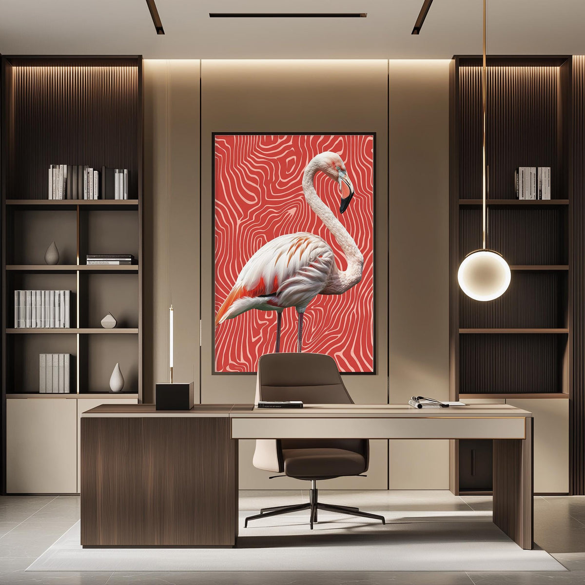 a modern office space with a large framed picture of a flamingo on the wall. The office has a wooden desk, a chair, and a bookshelf. The flamingo in the picture is standing on one leg, creating a striking visual focal point in the room.