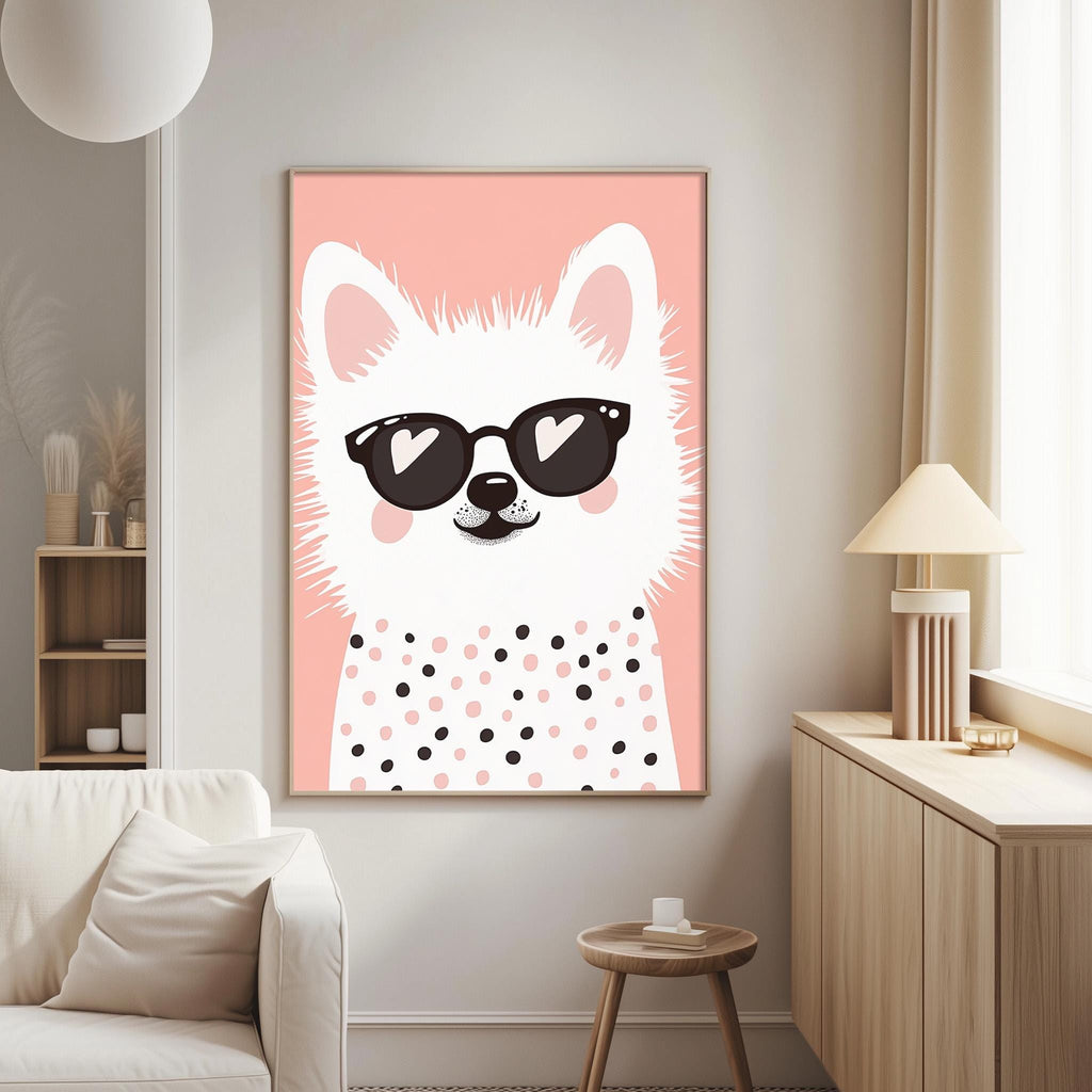 a cozy living room with a large, colorful poster of a dog wearing sunglasses and a polka dot shirt hanging on the wall.