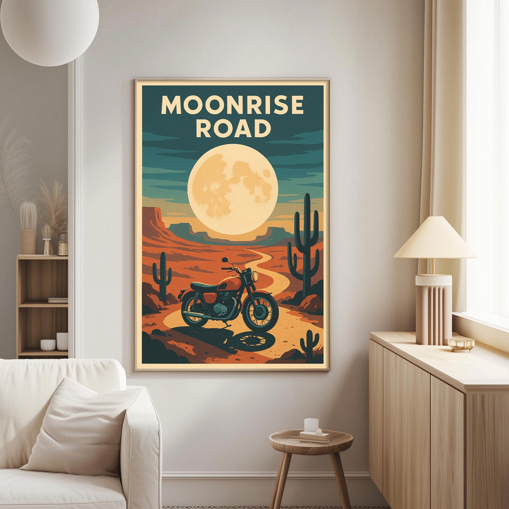 a poster of a desert landscape with a motorcycle in the foreground, and a large moon in the background.
