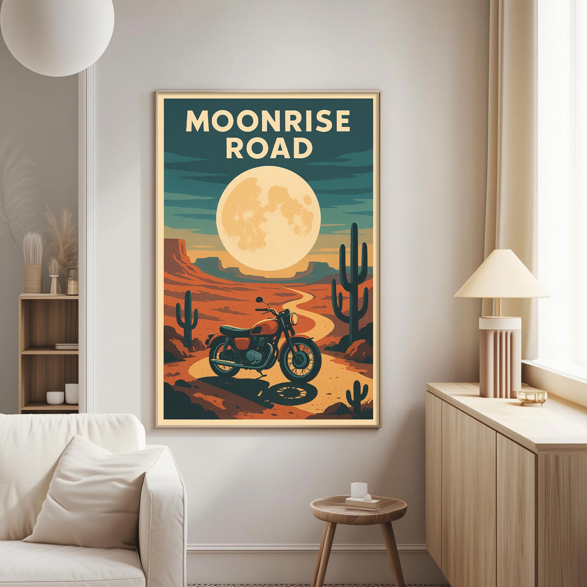 a poster of a desert landscape with a motorcycle in the foreground, and a large moon in the background.