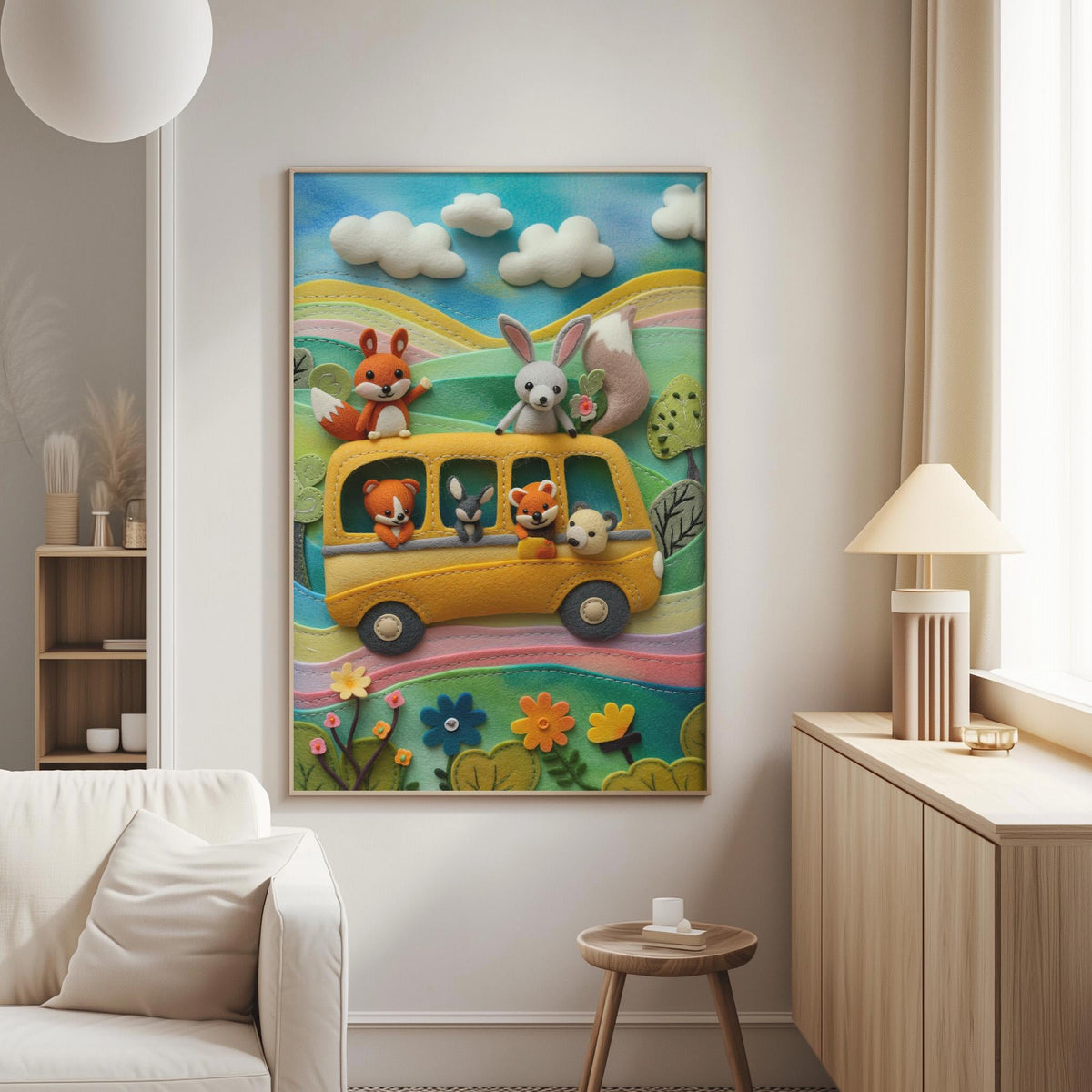 a vibrant and whimsical scene of a yellow school bus filled with various cartoon animals, including a rabbit, foxes, and a bird, traveling through a colorful landscape with flowers and trees.