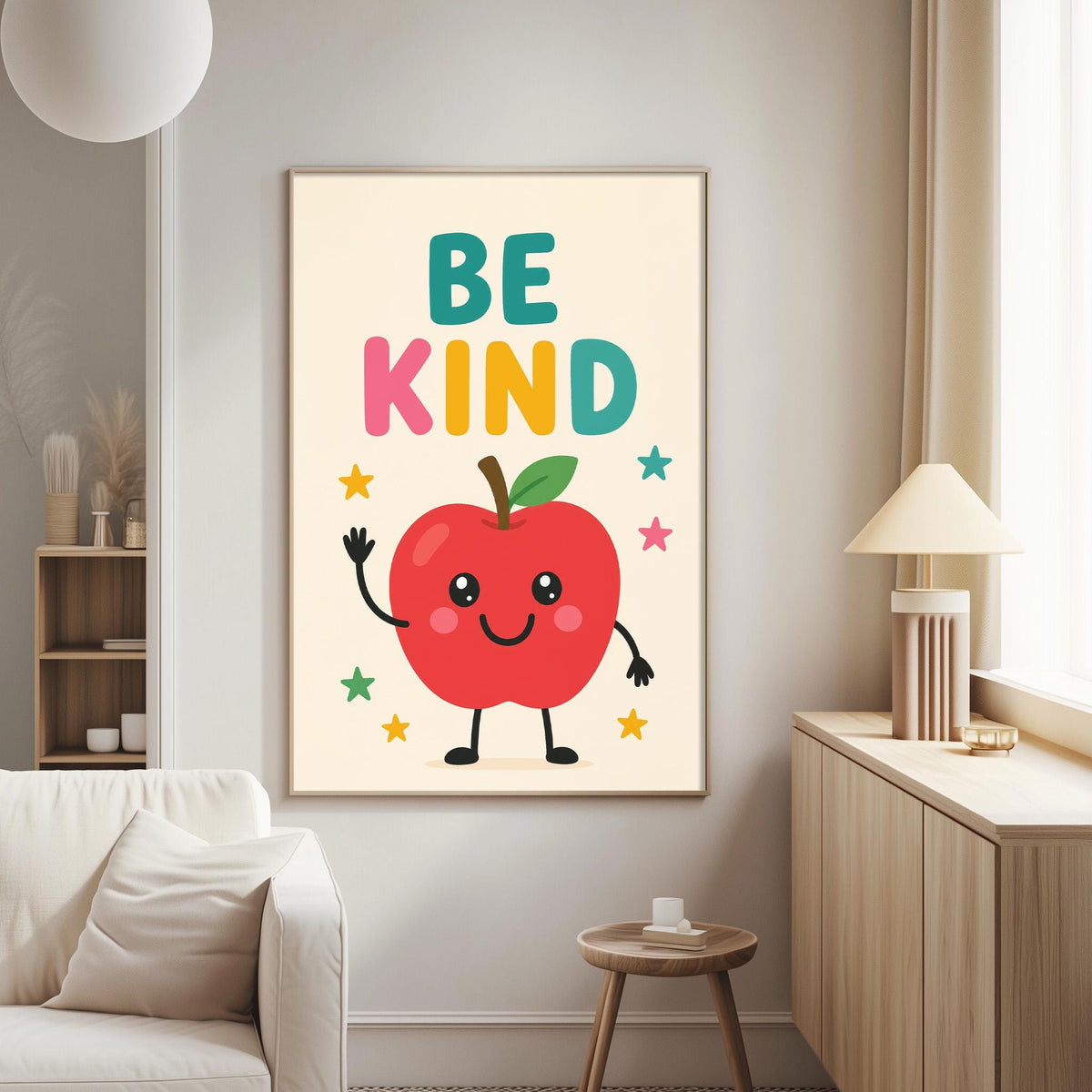 a poster with a cartoon apple character and the text "Be Kind" on a wall in a living room setting.