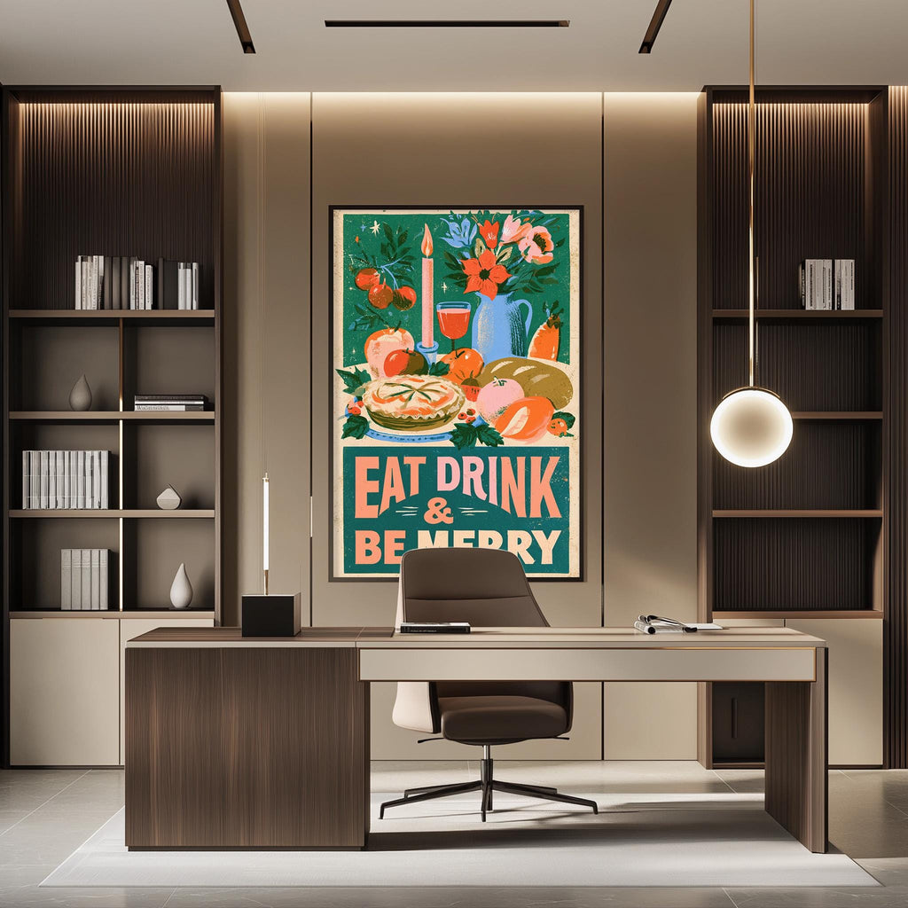a modern office space with a large framed poster on the wall that reads "EAT DRINK & BE MERRY". The office has a wooden desk, a chair, and a bookshelf filled with books and decorative items.