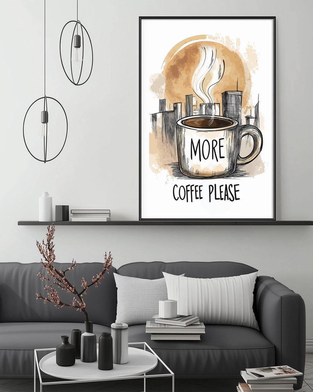 a cozy living room with a gray couch, a coffee table, and a framed poster on the wall that says "MORE COFFEE PLEASE".