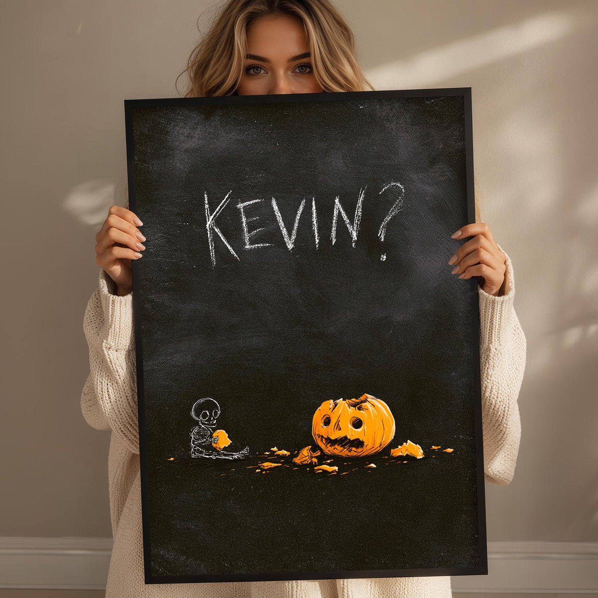 A woman holding a blackboard with the word "KEVIN?" written on it, along with an illustration of a skeleton and a carved pumpkin.