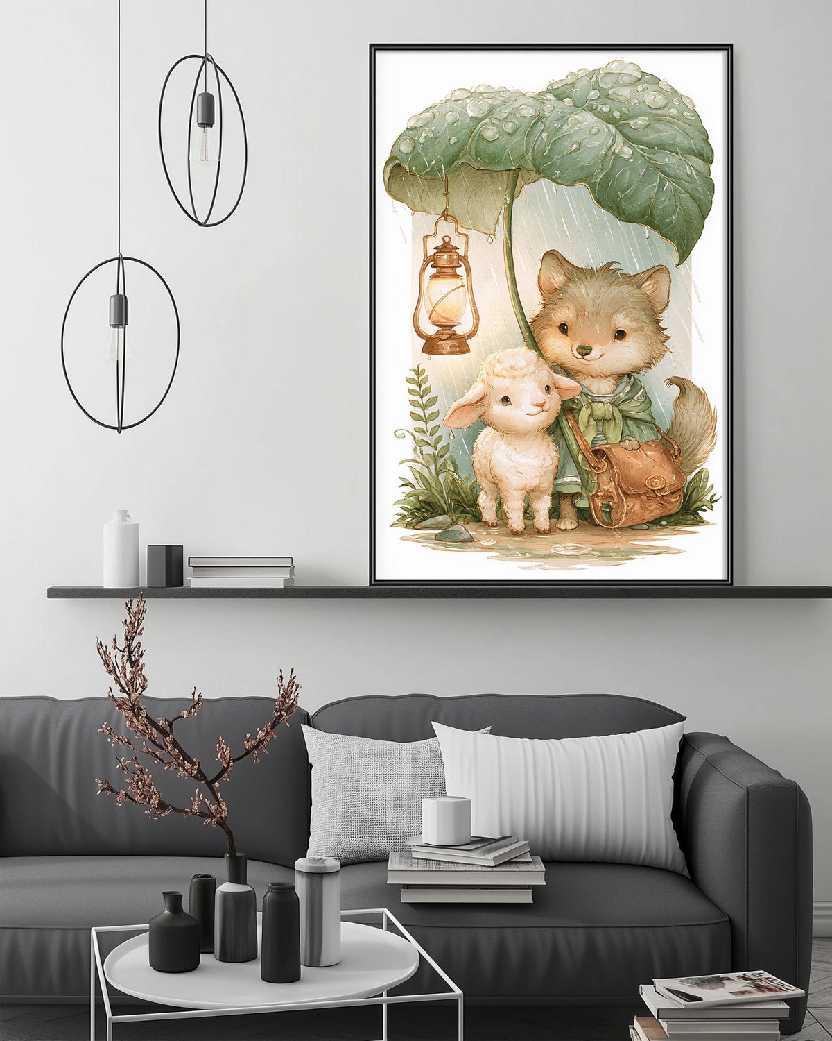 a cozy living room with a gray couch, a coffee table, and a large framed illustration of a wolf, lamb, and sheep under an umbrella.