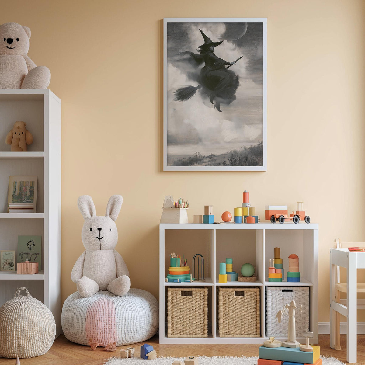 A cozy children's room with a bookshelf, stuffed animals, and a toy chest filled with toys. A framed picture of a witch on the wall adds a whimsical touch to the space.