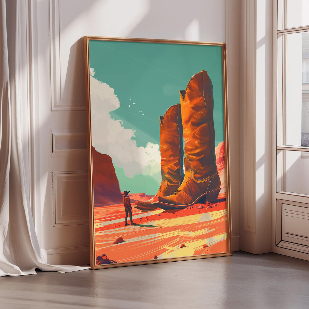a large, colorful painting of a cowboy standing in a desert landscape, with two towering boots in the background.