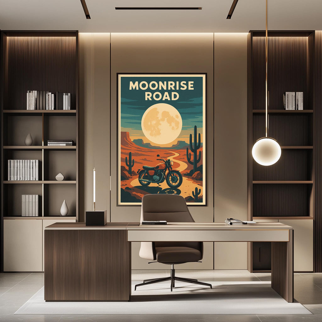 a modern office space with a large framed poster of a desert landscape with a cactus and a motorcycle in the background, hanging on the wall above a desk with a chair.