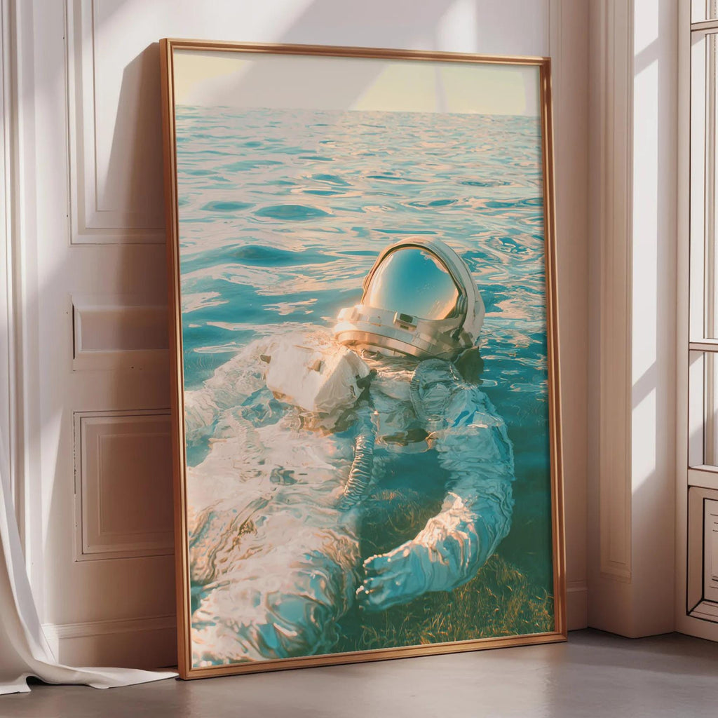 a framed photograph of an astronaut floating in the ocean, wearing a spacesuit.