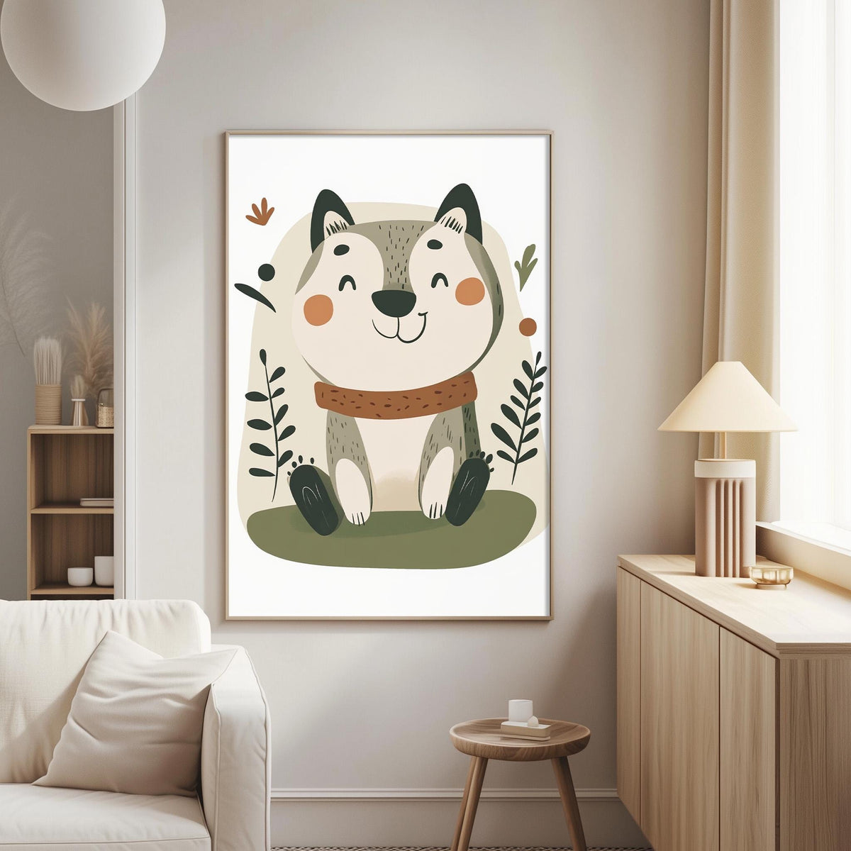 a cozy living room with a large, colorful poster of a cartoon cat hanging on the wall. The cat is surrounded by various decorative elements, such as leaves and flowers, creating a whimsical and playful atmosphere. The room also includes a white couch, a small table, and a lamp, contributing to the overall comfortable and inviting ambiance.