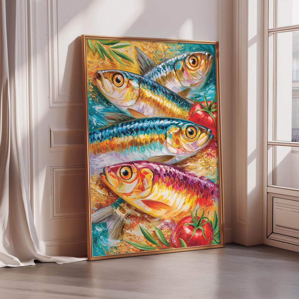 A framed painting depicting three colorful fish swimming in a vibrant underwater scene, with a tomato and other aquatic elements.