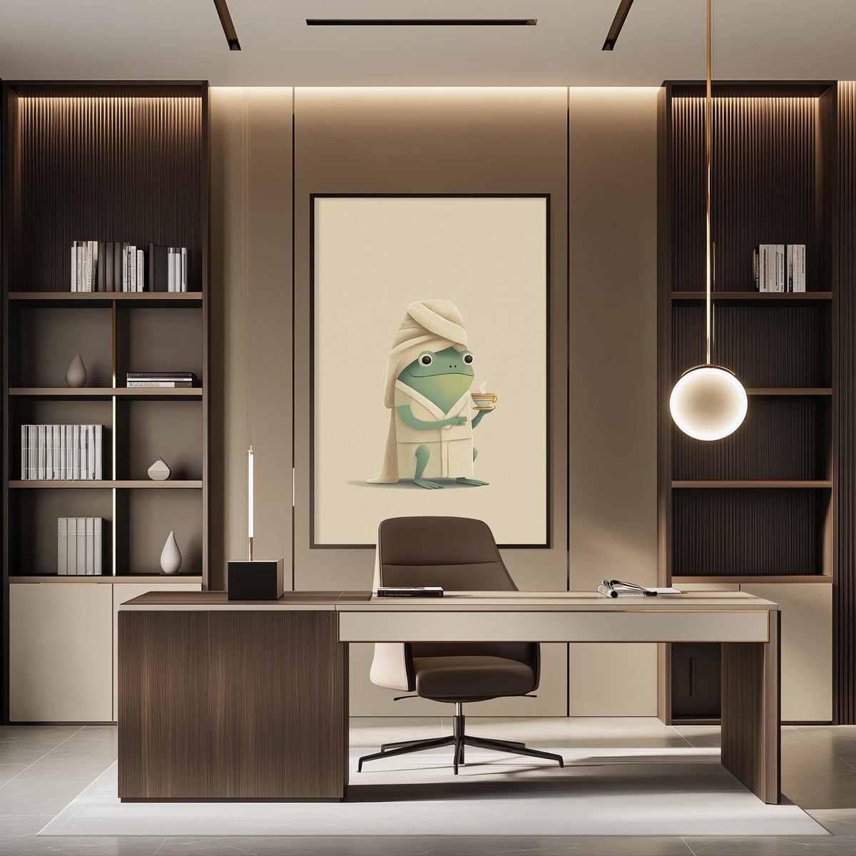 a modern office space with a desk, chair, and bookshelves. There is a framed illustration of a frog wearing a bathrobe on the wall, and a lamp is hanging above the desk.