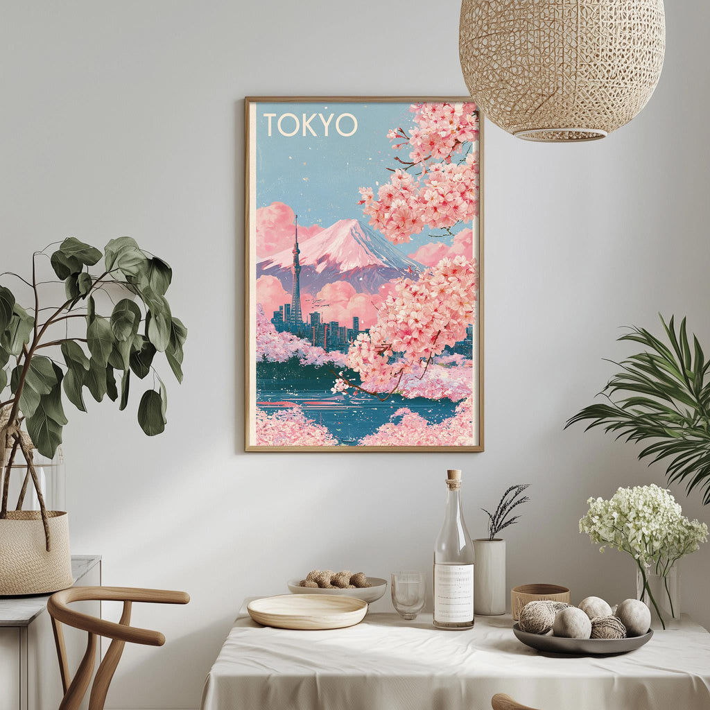 a framed poster of a cityscape with cherry blossoms hanging on a wall, surrounded by potted plants and a dining table with various items on it.